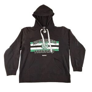 North Dakota Hockey Black Hoodie Pullover Sweatshirt Mens Large Reebok Laces